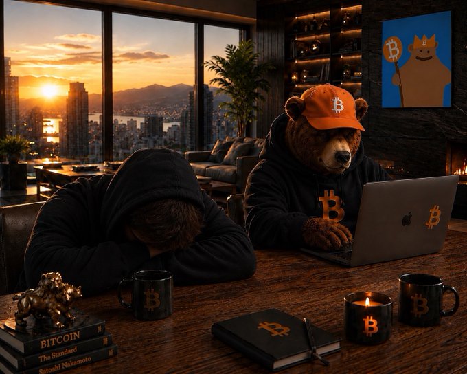 A bear wearing a Bitcoin cap and hoodie uses a laptop with a Bitcoin sticker, while a hooded figure rests their head on a desk littered with Bitcoin mugs and 'The Bitcoin Standard' by Satoshi Nakamoto, with a cartoon bear on Bitcoin art visible in the background.
