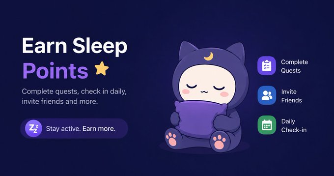 A promotional graphic for a sleep tracking app featuring a cute character in a cat-eared pajama holding a pillow, with text 'Earn Sleep Points' and icons for completing quests, inviting friends, and daily check-ins.