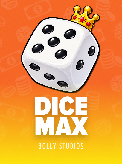 A vibrant promotional graphic featuring a white die topped with a golden crown on an orange-to-yellow gradient background, with the bold text "DICE MAX" and "BOLLY STUDIOS" below. The crowned die visually reinforces the post's theme of rolling the "best dice" to promote the launch of Dice Max on Stake.