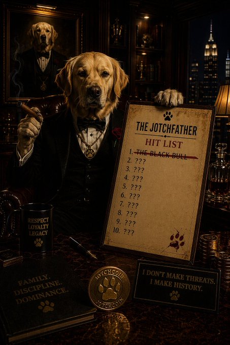 An AI-generated image depicting a golden retriever dressed as a mob boss in a tuxedo, smoking a cigar in a dark study, holding a clipboard titled 'THE JOTCHFATHER HIT LIST' with 'THE BLACK BULL' crossed out at #1, alongside a coffee mug reading 'RESPECT LOYALTY LEGACY' and a sign stating 'I DON'T MAKE THREATS. I MAKE HISTORY.'