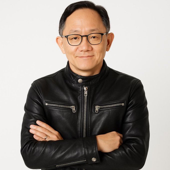 A professional portrait of a middle-aged East Asian man wearing glasses and a black leather jacket, standing with his arms crossed against a white background.