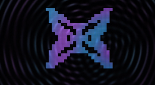 A pixelated logo featuring an 'X' design in blue and pink gradient colors against a dark, rippling background.