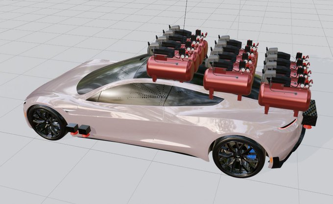 A 3D rendering of a rose-gold colored sports car mounted with an elaborate array of red dynamite-like explosives and mechanical devices on its roof.