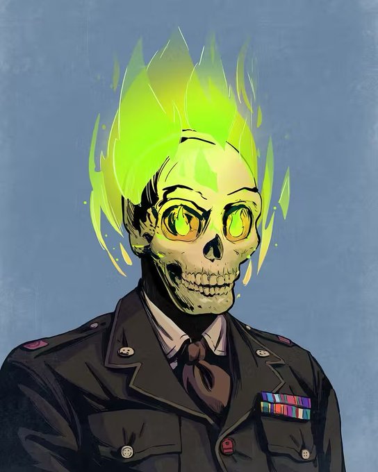 An illustrated skeleton in a military uniform, with green flames erupting from its head, is shown. This image likely relates to the post asking for a "GM Diz" by referencing the "Ghost Rider" character, whose head is often depicted as a flaming skull.