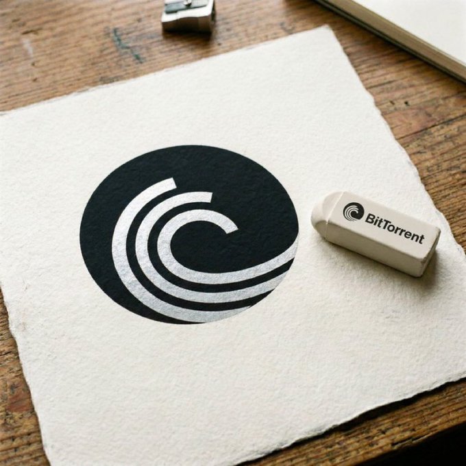 A photograph of a USB drive labeled 'BitTorrent' resting on a piece of handmade paper with the BitTorrent swirl logo, set on a wooden desk.