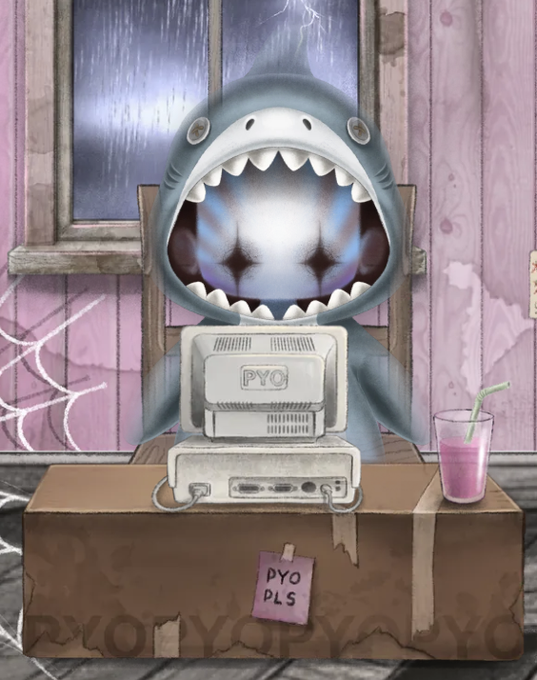 A cartoon shark with a glowing white mouth sitting at a desk using a 'PYO' branded computer, with a pink drink beside it and a 'PYO PLS' sticky note on the cardboard box.