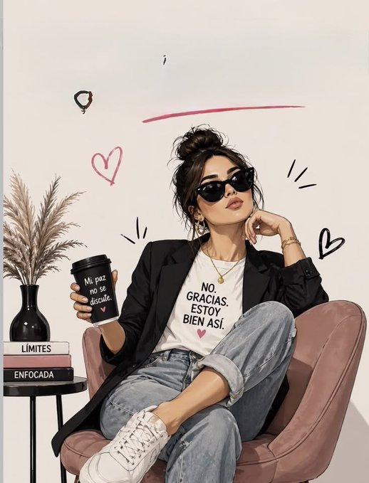 An illustrated style image of a woman wearing sunglasses holding a mug that reads 'Mi paz no se discute,' wearing a t-shirt that says 'NO, GRACIAS. ESTOY BIEN ASÍ,' with books titled 'LIMITES' and 'ENFOCADA' beside her.