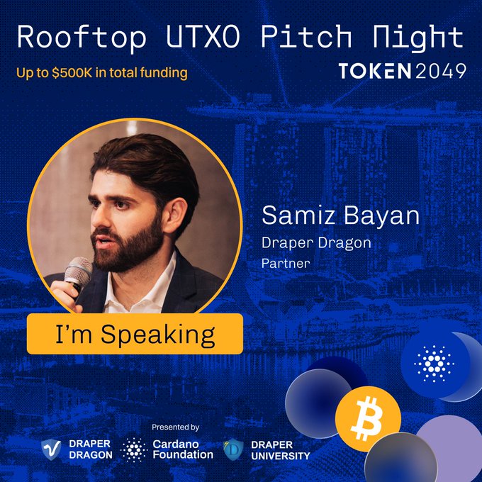 A 'Rooftop UTXO Pitch Night' event graphic at TOKEN2049, featuring speaker Samiz Bayan, Draper Dragon Partner, with 'Up to $500K in total funding' and a Bitcoin logo visible.