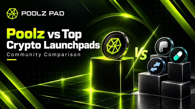 A promotional graphic for "Poolz Pad" titled "Poolz vs Top Crypto Launchpads: Community Comparison," featuring a glowing green Poolz coin and pedestal on the left contrasted against three other competing cryptocurrency token icons on the right, visually reinforcing the post's theme of distinguishing Poolz's curated, quality-focused approach from other launchpads that allow rapid token launches.