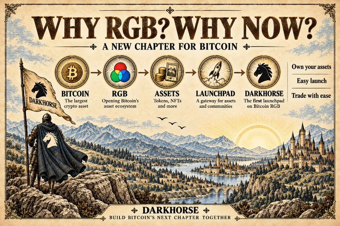 A vintage-style parchment poster titled 'WHY RGB? WHY NOW?' outlining the ecosystem 'BITCOIN -> RGB -> ASSETS -> LAUNCHPAD -> DARKHORSE' with 'BUILD BITCOIN'S NEXT CHAPTER TOGETHER'.