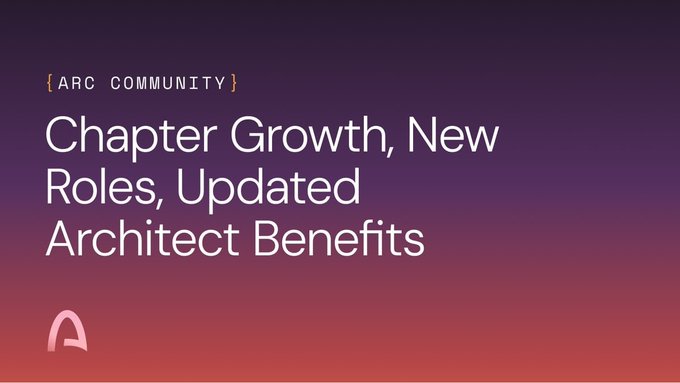 A gradient purple-to-pink graphic for ARC Community announcing 'Chapter Growth, New Roles, Updated Architect Benefits' with a stylized 'A' logo.