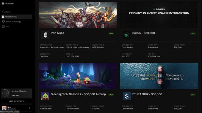 A screenshot of the Nucleus platform displays available opportunities including "Iron Allies," "Beldex - $50,000," "Sleepagotchi Season 2 - $50,000 Airdrop," and "ETHRA SHIP - $30,000," with each campaign showing details like campaign type, reward token, eligibility, and ends-in timeframes. The image illustrates the post's point about Nucleus matching users with opportunities they've earned across various ecosystems like Canopy, Beldex, and Sleepagotchi.