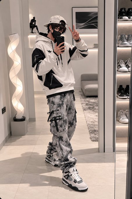 The image features a man taking a selfie with his cell phone while wearing a white hoodie, gray pants, and black and white sneakers. The man appears to be standing in front of a mirror, capturing his reflection as he poses for the picture. The background includes several pairs of shoes displayed on shelves or racks, suggesting that this might be a store selling athletic footwear.