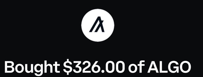 The image displays a notification with the Algorand (ALGO) logo on a black background, stating "Bought $326.00 of ALGO," supporting the post's announcement of a $326 purchase to lower the user's average cost on the ALGO cryptocurrency.