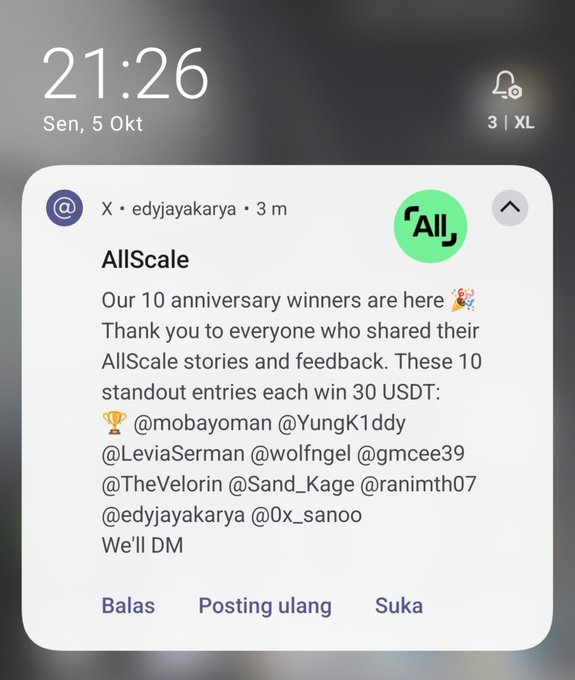 An iOS lock screen notification from the X app (from user edyjayakarya) announcing 10 winners of AllScale's anniversary contest, each receiving 30 USDT, with tagged winners including @YungK1ddy and @LeviaSerman.