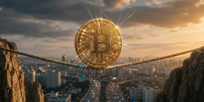 A glowing Bitcoin symbol is superimposed on a tightrope stretched between two cliffs, overlooking a cityscape at sunset.