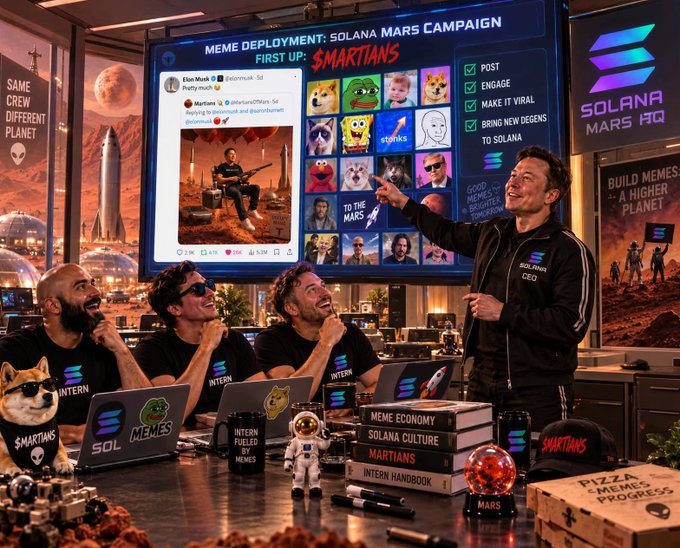 A humorous AI-generated scene depicting Elon Musk in a "SOLANIS CEO" tracksuit pointing at a "MEME DEPLOYMENT: SOLANA MARS CAMPAIGN" screen showing Pepe and Doge memes, with coworkers at laptops labeled "MEMES" and "SMARTIANS" in a Mars-themed office.