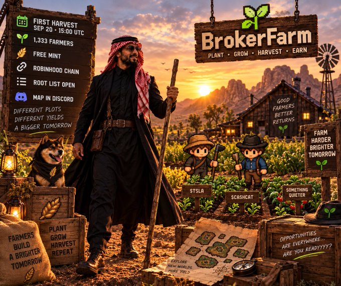 A promotional image for 'BrokerFarm' cryptocurrency project featuring a man in traditional Middle Eastern attire holding a staff, alongside a Shiba Inu dog and cartoon farmers in a sunset field scene, advertising first harvest, free mint, and Robinhood Chain.