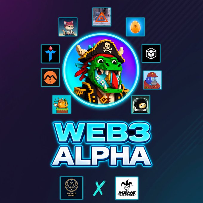 A promotional graphic titled 'WEB3 ALPHA' featuring a central pixel-art pirate crocodile character surrounded by various NFT icons, with logos for 'SOCIALS RISING' and 'MEME MAXXERS' at the bottom.