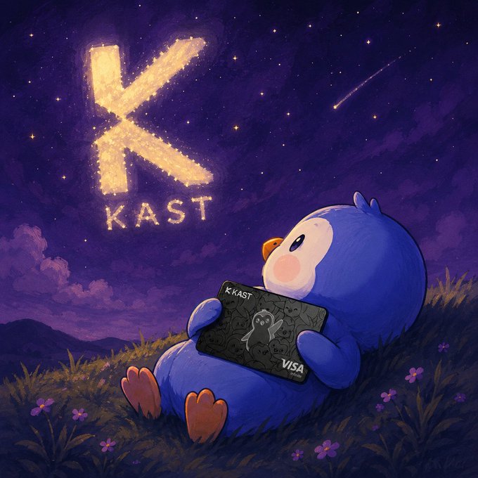 Digital illustration of a cute blue penguin-like creature holding a black 'KAST VISA' card, sitting in a grassy field under a purple starry night sky featuring a large glowing golden 'K' symbol and a shooting star.