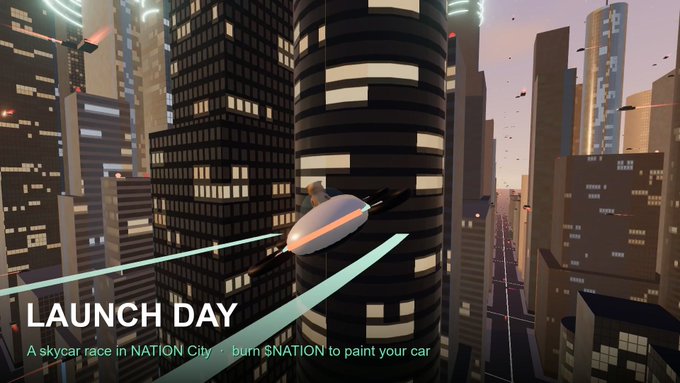 A futuristic cityscape shows a sleek vehicle flying between skyscrapers with text reading 'LAUNCH DAY - A skycar race in NATION City · burn $NATION to paint your car'.