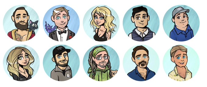 A set of ten circular cartoon avatars depicting various characters, including a bearded man with a black cat and a blonde woman, illustrated in a stylized digital art style.