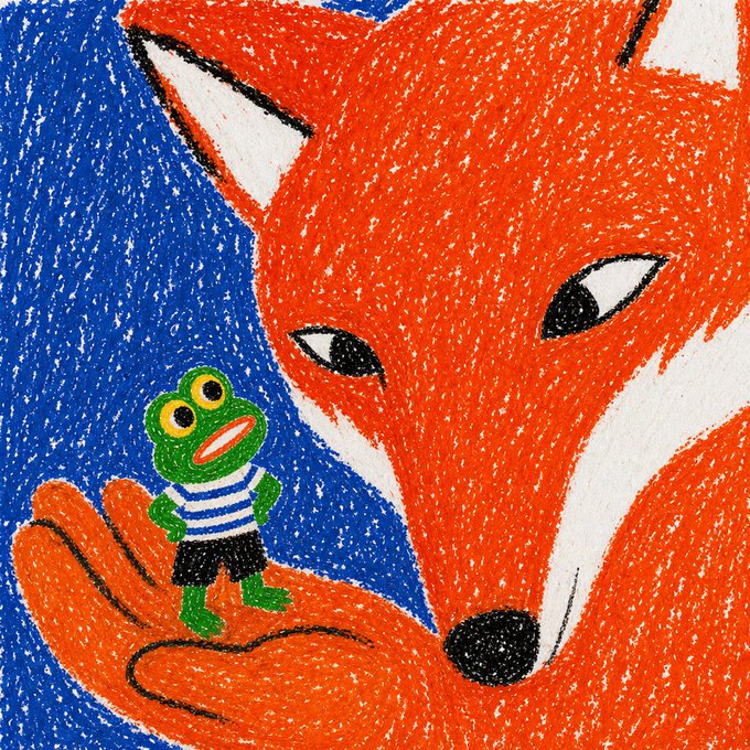 A textured crayon-style illustration of a large orange fox cradling a small green frog wearing a striped sailor shirt, set against a deep blue background. The whimsical scene reflects the recent sale of "Tiny Sailor" NFT for 0.01585 ETH ($30), depicting the frog character at the heart of the transaction.