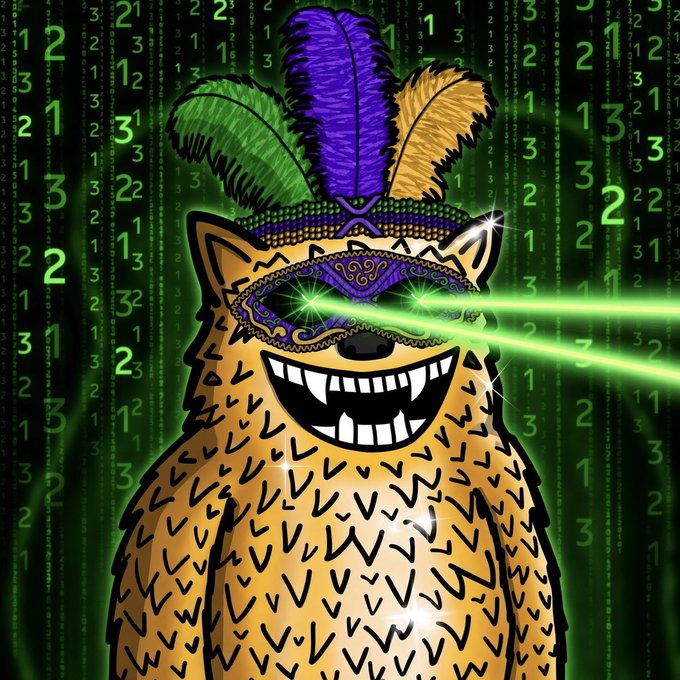 A furry dog mascot with a purple, green, and gold Mardi Gras headdress and a decorative mask shoots green laser beams from its eyes, set against a Matrix-style background of cascading numbers (1s, 2s, and 3s). The image's psychedelic, mind-freeing visual style pairs with the post's message about XRP holders releasing fear and embracing an incoming "revolution."