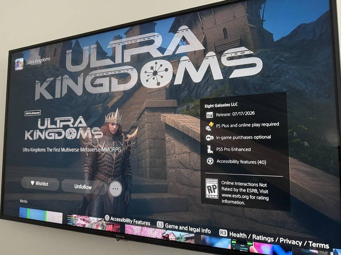 A PlayStation Store page for the upcoming MMORPG "Ultra Kingdoms," developed by Eight Galaxies LLC with a release date of 07/17/2026, is displayed on a TV screen. The image shows the game details along with an armored character on the store page, highlighting the excitement for the game's imminent release mentioned in the post.