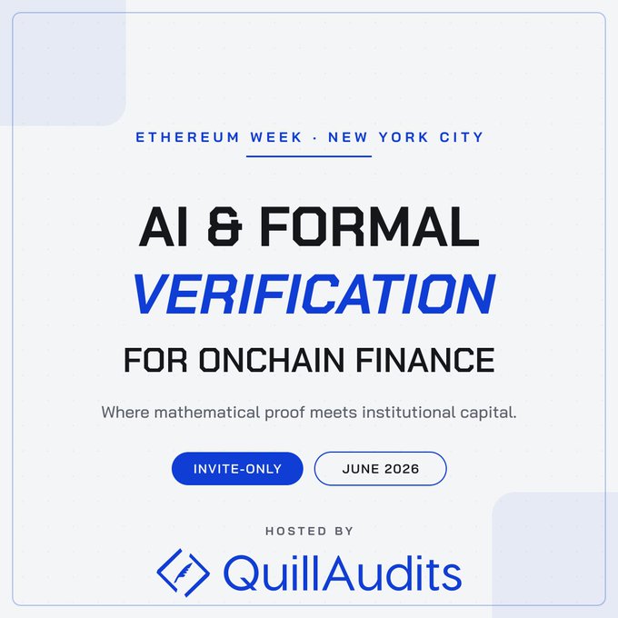 The image features a white background with blue text that reads "AI & Formal Verification for Onchain Finance." The text also includes an invitation for attendees at the event, which is scheduled for June 2016. The image has a square shape, and there are two small squares in the bottom left corner of the frame.