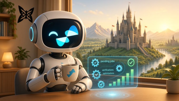 A friendly robot with a smiling screen face holds a coffee mug at a desk while a holographic dashboard displays 'pending jobs', 'verifications', and 'optimizations' against a backdrop of a fantasy castle and mountains.