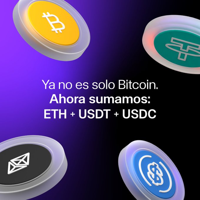 A promotional graphic with the Spanish text 'Ya no es solo Bitcoin. Ahora sumamos: ETH + USDT + USDC' alongside 3D coin icons for Bitcoin, Tether, Ethereum, and USDC.