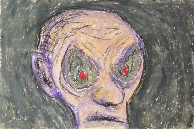 A textured pastel or chalk drawing of a pale, bald figure with large green eyes containing red pupils, rendered in purple and yellow tones on a dark background.