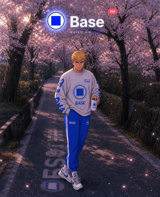 The image features an illustration of a man wearing blue pants walking down a road, holding a cup in his hand. The background includes trees with pink flowers, creating a picturesque scene. The caption for the image reads "3 ways to potentially increase your chances of becoming eligible for the $BASE airdrop In my opinion, there are 3 paths that could be very important for anyone trying to position themselves better".
