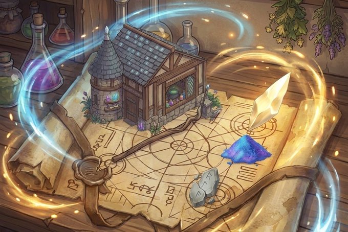 A magical illustration of a small house and tower on a scroll, surrounded by potion bottles, crystals, and glowing runes.