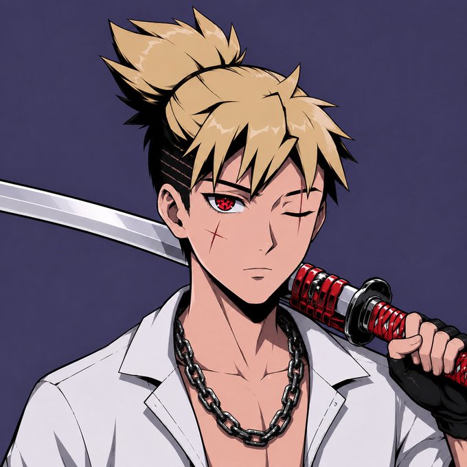 An anime-style illustration depicts a blonde-haired male character with one red eye winking, wearing a white open shirt, a chain necklace, and holding a katana over his shoulder.