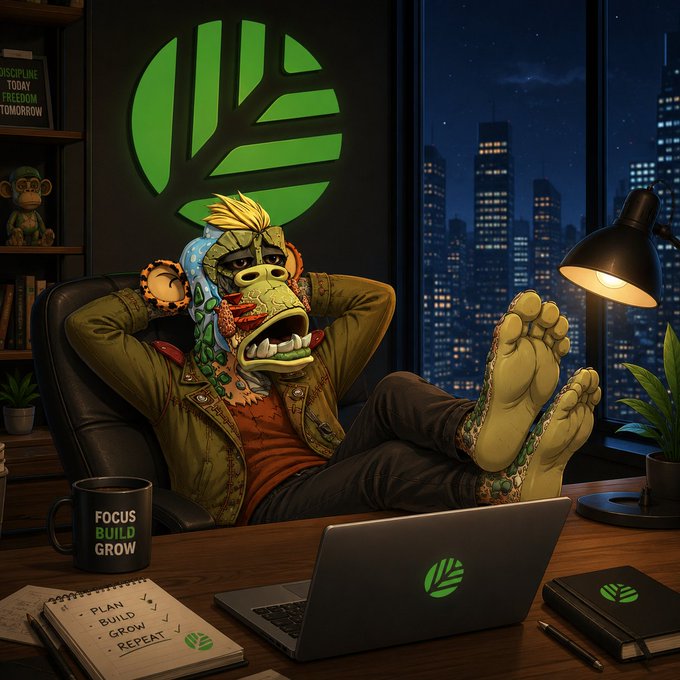 An AI-generated illustration shows a multi-faced creature sitting with feet on a desk in front of a laptop, with a mug reading 'FOCUS BUILD GROW' and a notepad reading 'PLAN BUILD GROW REPEAT'.