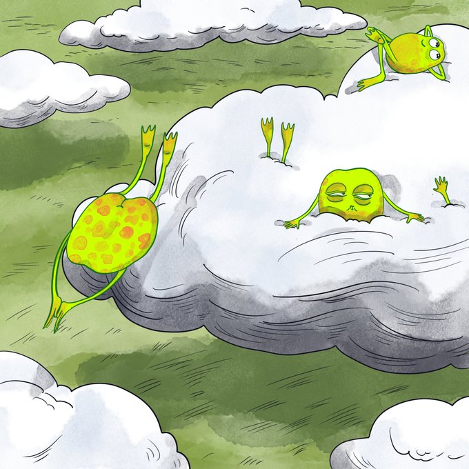 A whimsical illustration showing green, frog-like creatures relaxing on fluffy white clouds set against a green background.