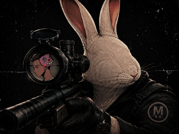 The image features a white rabbit with pink ears, holding a gun and pointing it at someone's face. The person being shot has a mask covering their face, making them appear as if they are dead or asleep. The background of the image is black, which contrasts with the white rabbit and emphasizes its presence. The caption to the image reads "he’s in my sights I’m ready to liquidate him", suggesting that the person holding the gun has a specific target in mind and intends to eliminate them.