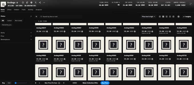 The screenshot displays the Arclings NFT collection page on what appears to be the Magic Eden marketplace, showing a floor price of 28.00 USDC, total volume of 20.36K (matching the post's $21k figure), and 347 items listed with various "Arcling #" NFT cards in a grid layout. The image illustrates the marketplace stats referenced in the post, highlighting the collection's growth from its initial $6 floor price to the current 28.00 USDC floor price.
