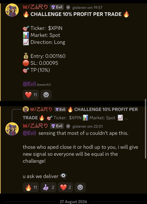 Discord messages from user 'Wムムリ' showing a crypto trading challenge with 10% profit per trade for ticker $XPIN on the Spot market, with entry 0.001160, SL 0.00095, and a follow-up message offering a new signal for equal opportunity.