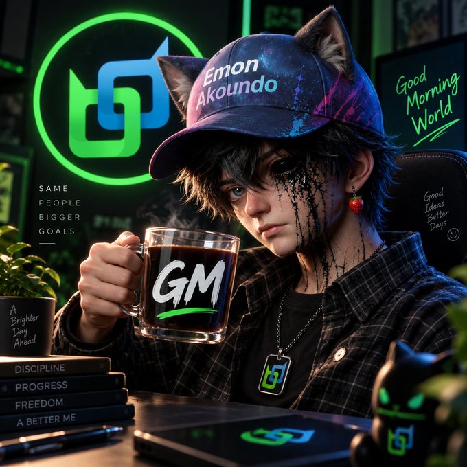An anime-style portrait of a character named "Emon Akoundo" wearing a cap with cat ears, holding a mug labeled "GM", with motivational text including "SAME PEOPLE BIGGER GOALS" and "Good Morning World".