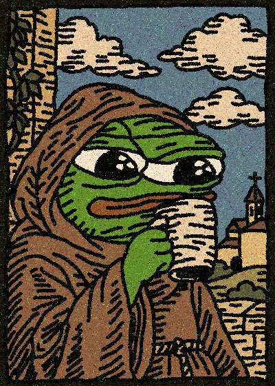 An illustration of Pepe the Frog depicted as a hooded monk holding a mug, in a stained-glass or tapestry art style.