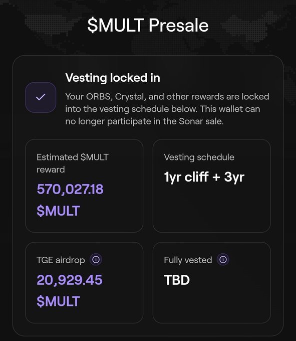 A $MULT presale vesting confirmation screen showing an estimated reward of 570,027.18 $MULT with a 1-year cliff plus 3-year vesting schedule and a TGE airdrop of 20,929.45 $MULT, illustrating the locked-in terms the poster agreed to by staking ORBS and Crystal.