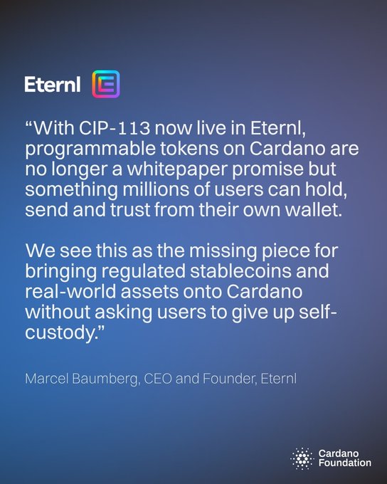 A Cardano Foundation promotional graphic featuring a quote from Marcel Baumberg, CEO and Founder of Eternl, about CIP-113 programmable tokens being live.