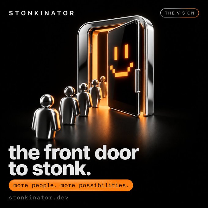 Promotional graphic for 'STONKINATOR' featuring the tagline 'the front door to stonk. more people. more possibilities.' and 'stonkinator.dev', showing silver humanoid figures approaching a door with a glowing smiley face.