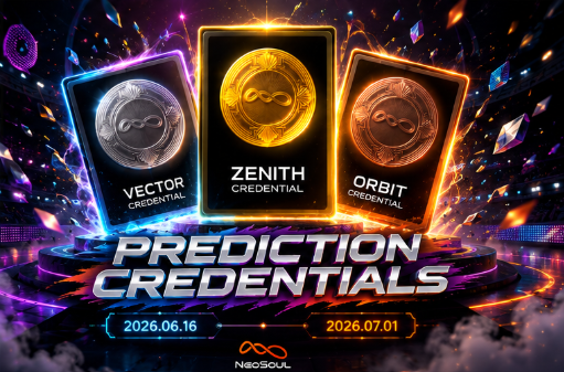 The image showcases three glowing "Prediction Credentials" cards—Vector, Zenith, and Orbit—displayed against a vibrant, cosmic backdrop, with key dates of 2026.06.16 and 2026.07.01 marking credential periods. It visually represents the NeoSoulAI Agent Economy's "Final Countdown" to Epoch 2's end on July 1, highlighting the race among over 24,000+ minted credentials as users rush to lock in their standings.