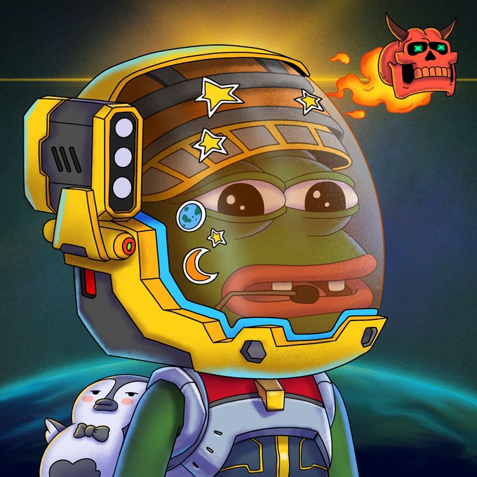 Digital illustration of a Pepe the Frog character wearing a yellow sci-fi helmet with stars, moon, and earth stickers, accompanied by a small white creature and a flaming red demon skull.