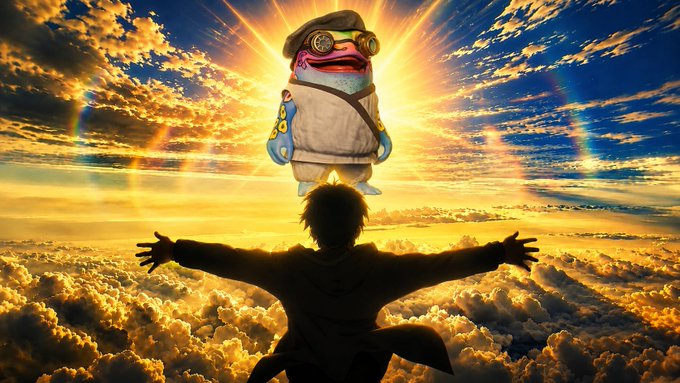 A silhouetted figure with outstretched arms faces a giant, whimsical creature wearing a cap and goggles, set against a dramatic, cloud-filled sky illuminated by the sun and rainbows.