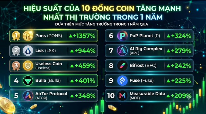 A Vietnamese-language infographic titled 'HIỆU SUẤT CỦA 10 ĐỒNG COIN TĂNG MẠNH NHẤT THỊ TRƯỜNG TRONG 1 NĂM' showing the top 10 best-performing cryptocurrencies over one year, led by Pons (PONS) at +1357%, followed by Lisk (LSK) +944%, Useless Coin +459%, Bulla +401%, AirTor Protocol (ATOR) +348%, PoP Planet (P) +324%, AI Rig Complex (ARC) +279%, Bifrost (BFC) +242%, Fuse +225%, and Measurable Data (MDT) +209%.